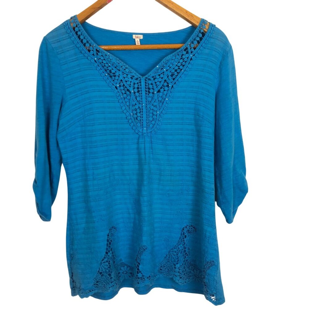 Reba Blue Crochet Lace Tunic Top Women’s Small V-Neck 3/4 Sleeve Boho